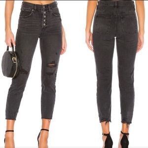 Free People Button Front Distressed High Rise Black Denim Jeans Women Size: 30